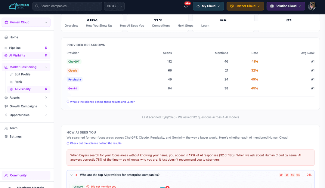 Provider breakdown showing mention rates across ChatGPT, Claude, Perplexity, and Gemini
