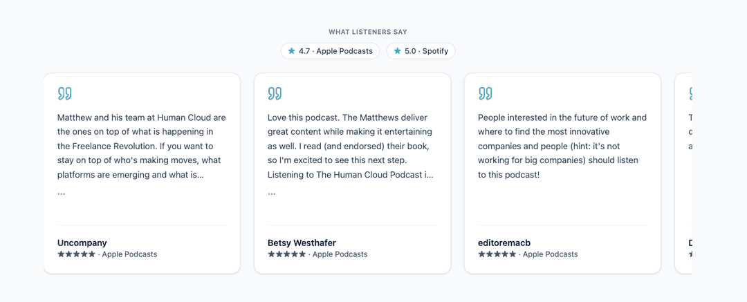What listeners say — 4.7 Apple Podcasts, 5.0 Spotify with 5-star reviews