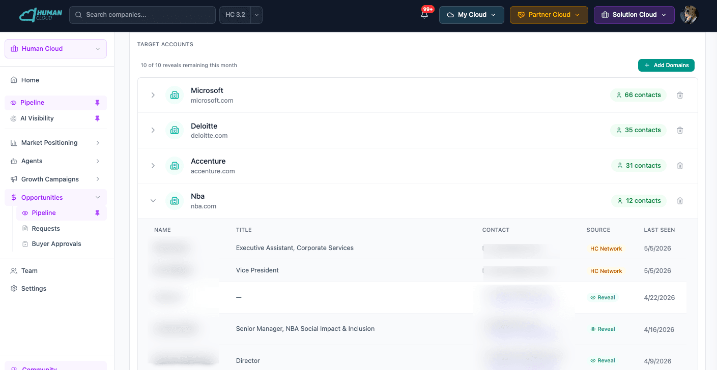 Target Accounts showing Microsoft, Deloitte, Accenture with contact counts